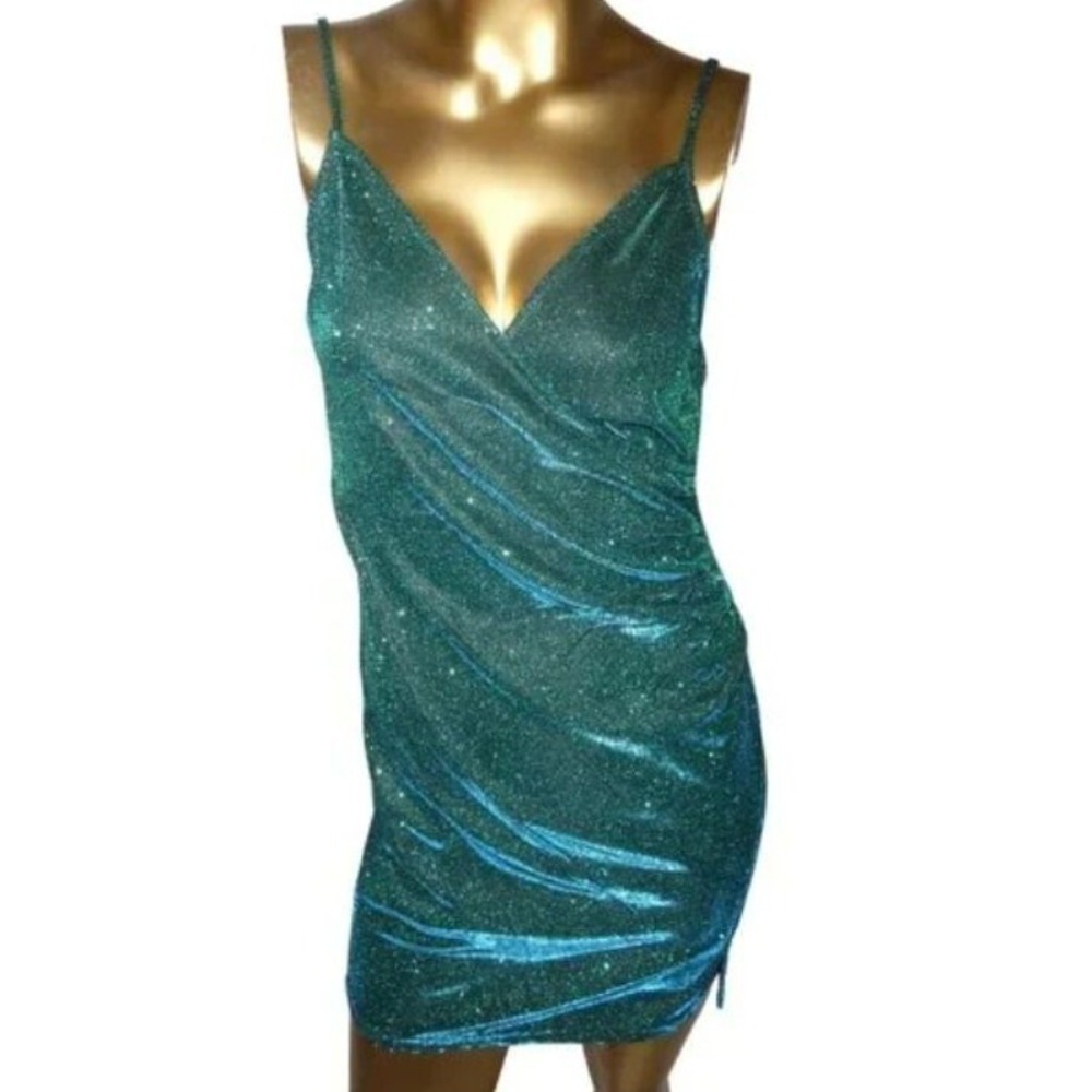 Inspired Hearts Women's Teal Blue Glitter Dress Medium Party Cocktail - Picture 8 of 8